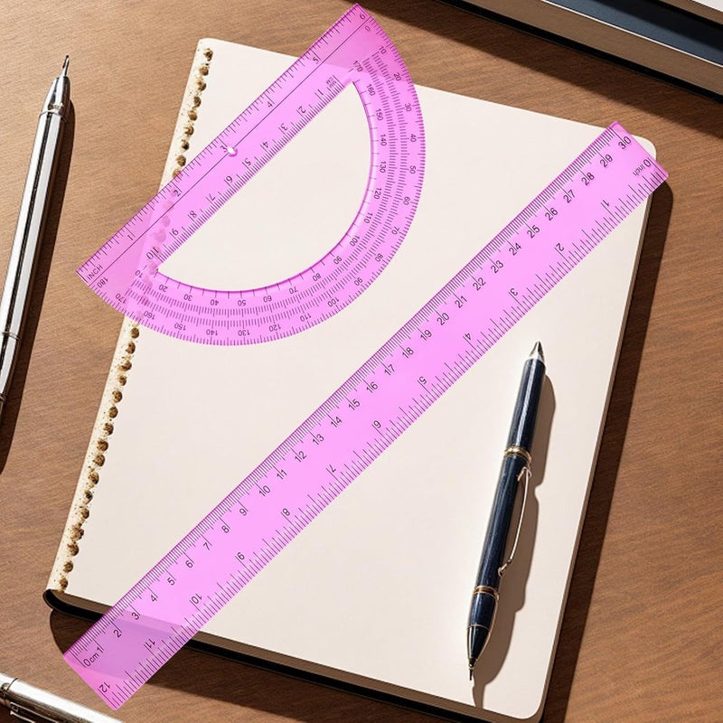 Tdfronien 2 Packs 12 Inch Plastic Ruler and 6 Inch Plastic Protractor Set Clear Math Geometry Set Classroom Set Angle Detector School Supplies Classroom Ruler Home Office Drawings (Pink) - Image 5